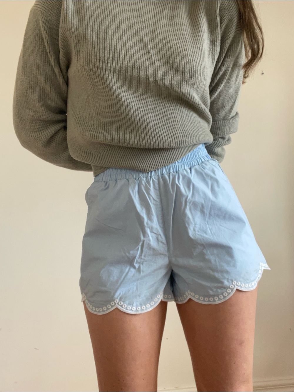 Light Blue cotton Scalloped Hem Women's Shorts